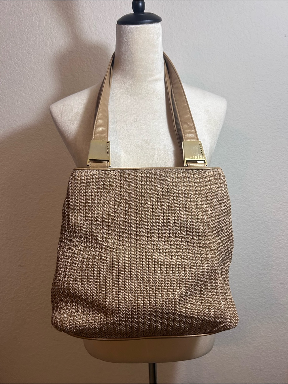 Mondani Beige Camel Tan Woven Shoulder Tote Handbag with Gold Accents